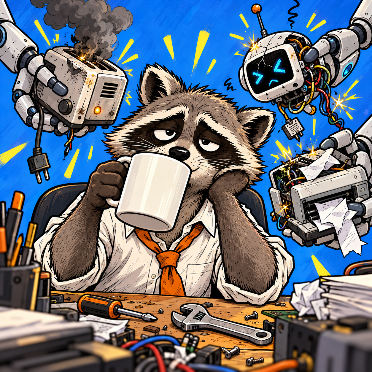 An exhausted Lasty drinking coffee as robots bring broken gadgets