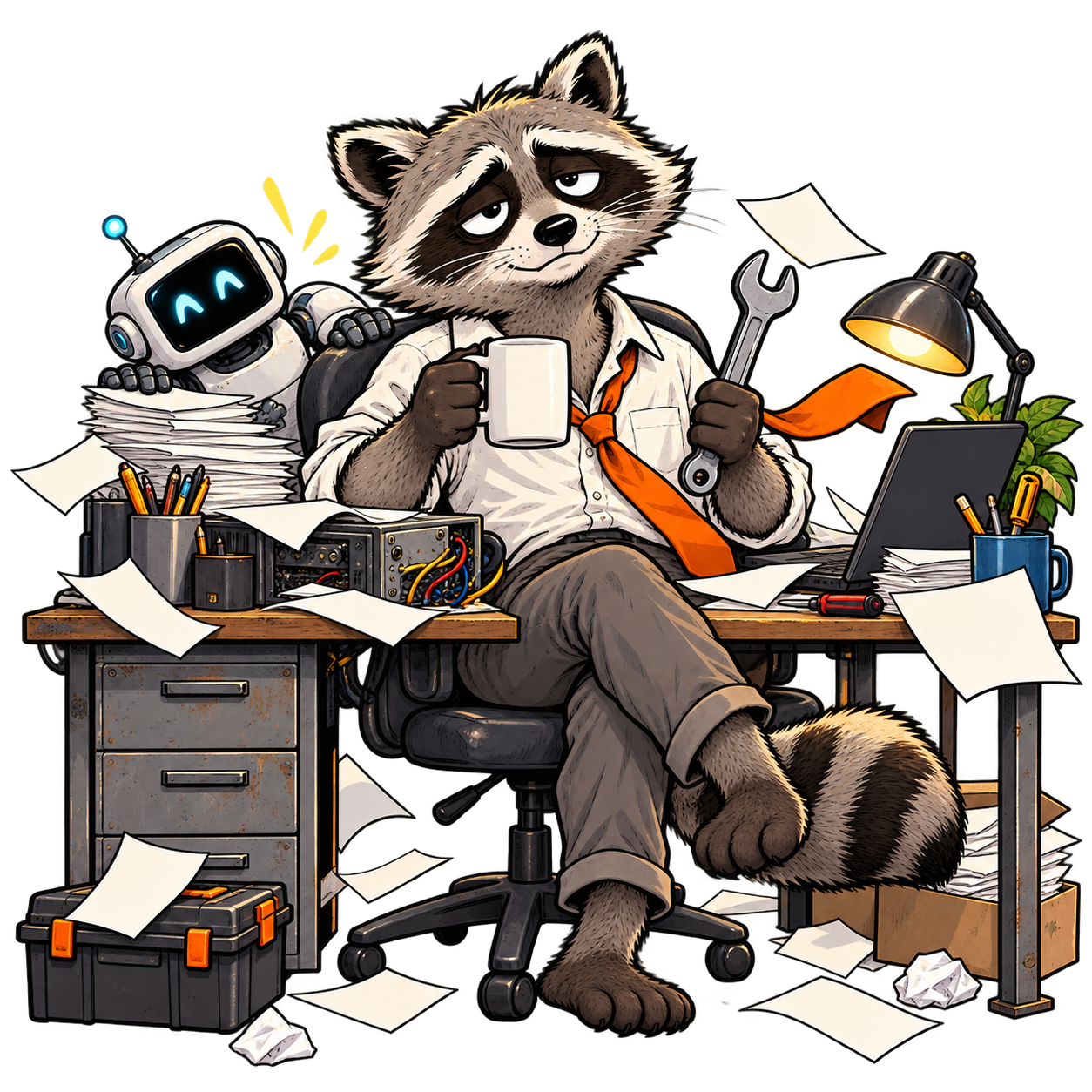 Lasty, the tired raccoon employee with coffee and a wrench at his desk