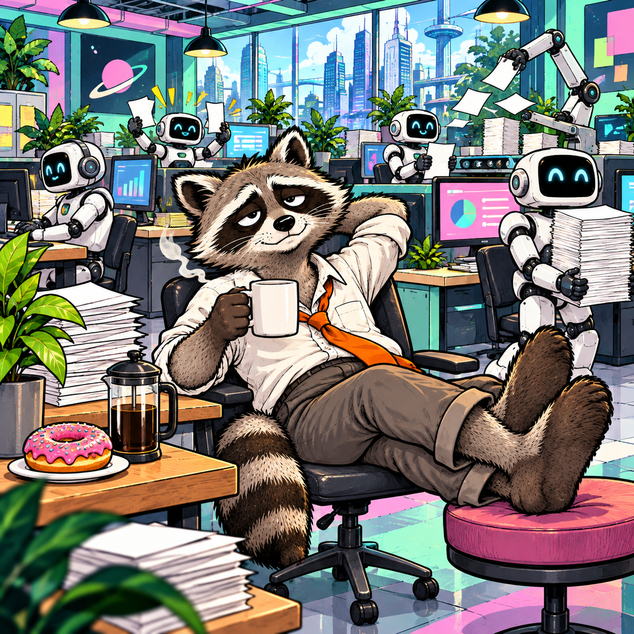 The raccoon on a coffee break in an office full of busy AI agents