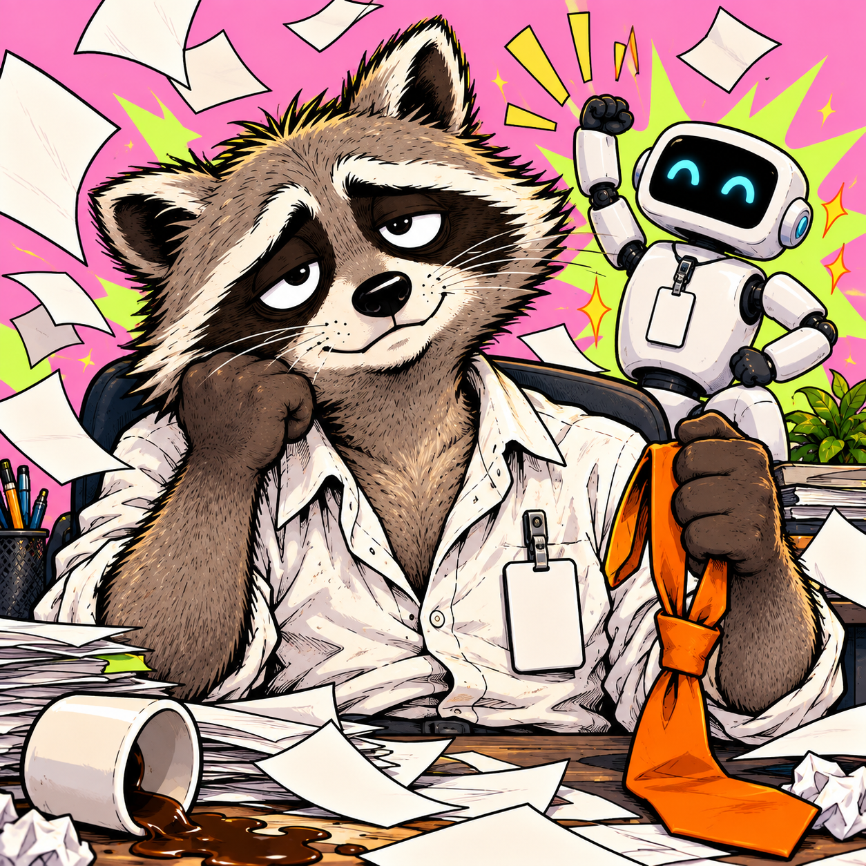 The exhausted raccoon keeping his employee badge while a robot celebrates a promotion