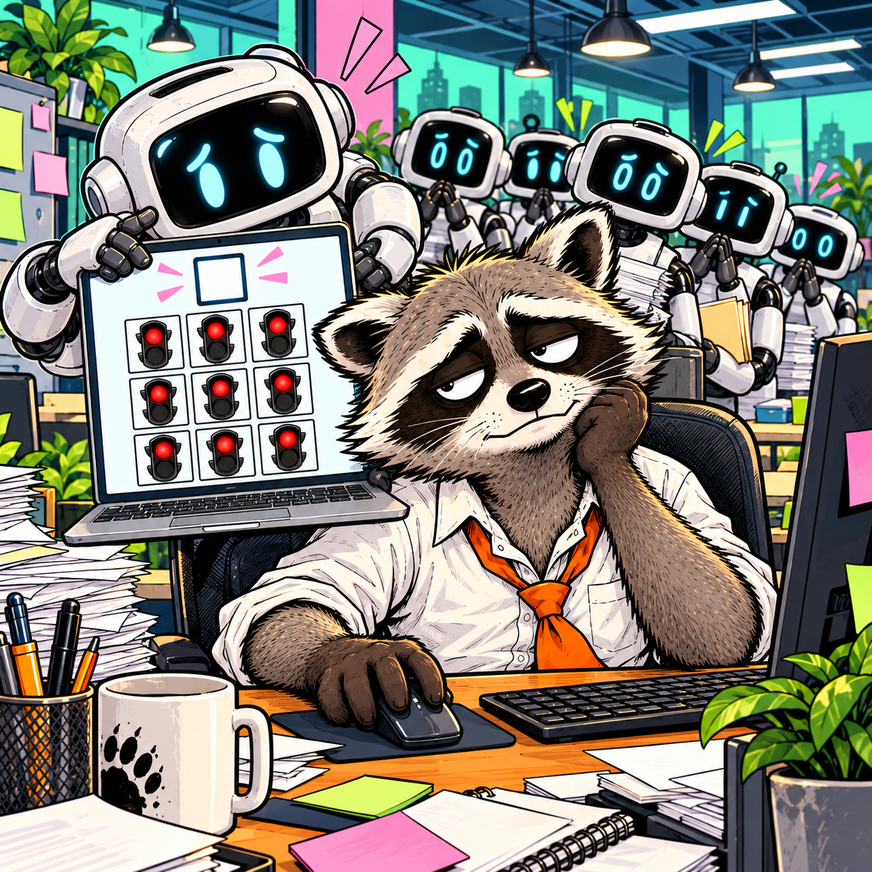 Robot coworkers waiting for the raccoon to solve a CAPTCHA