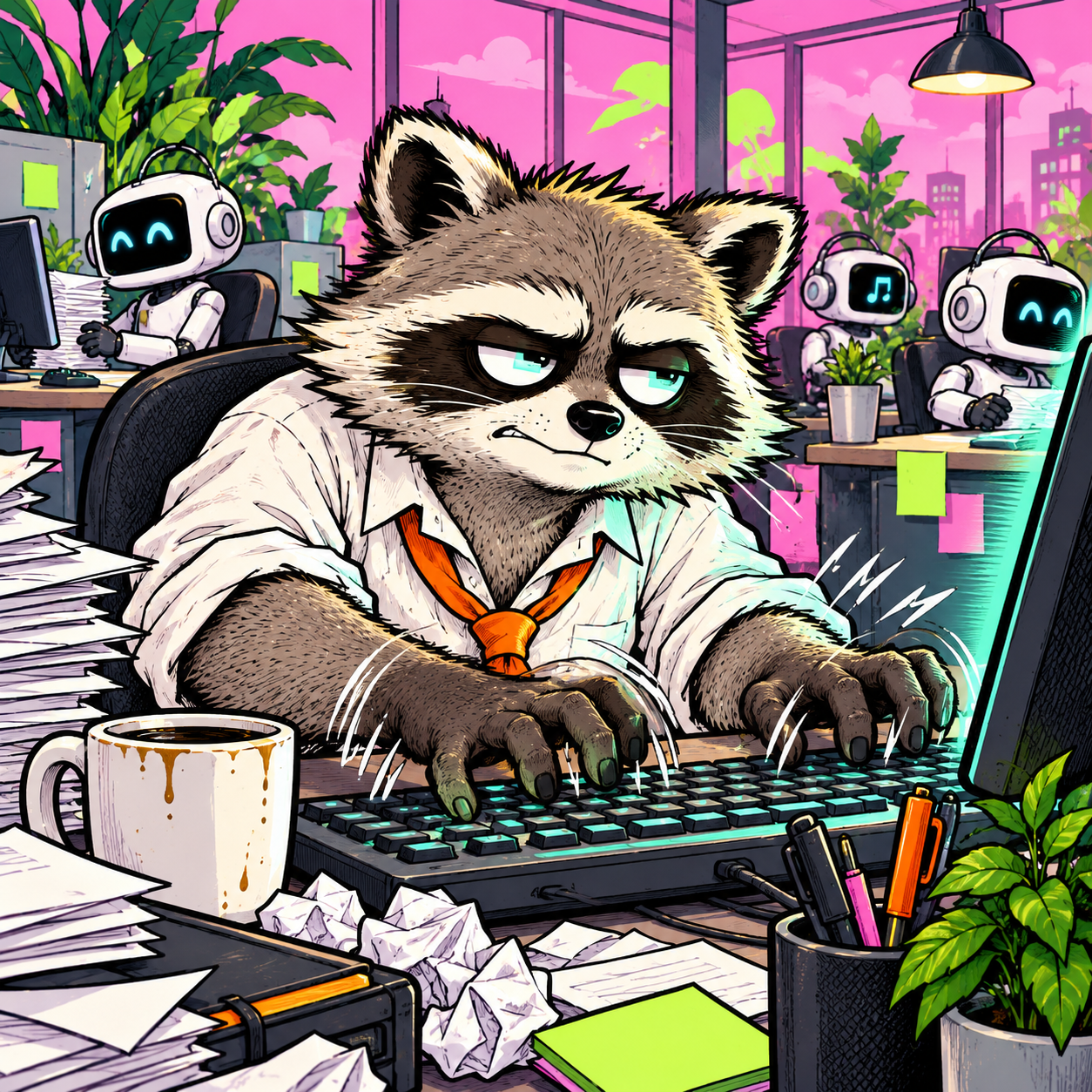 The raccoon typing replies while his robot coworkers work