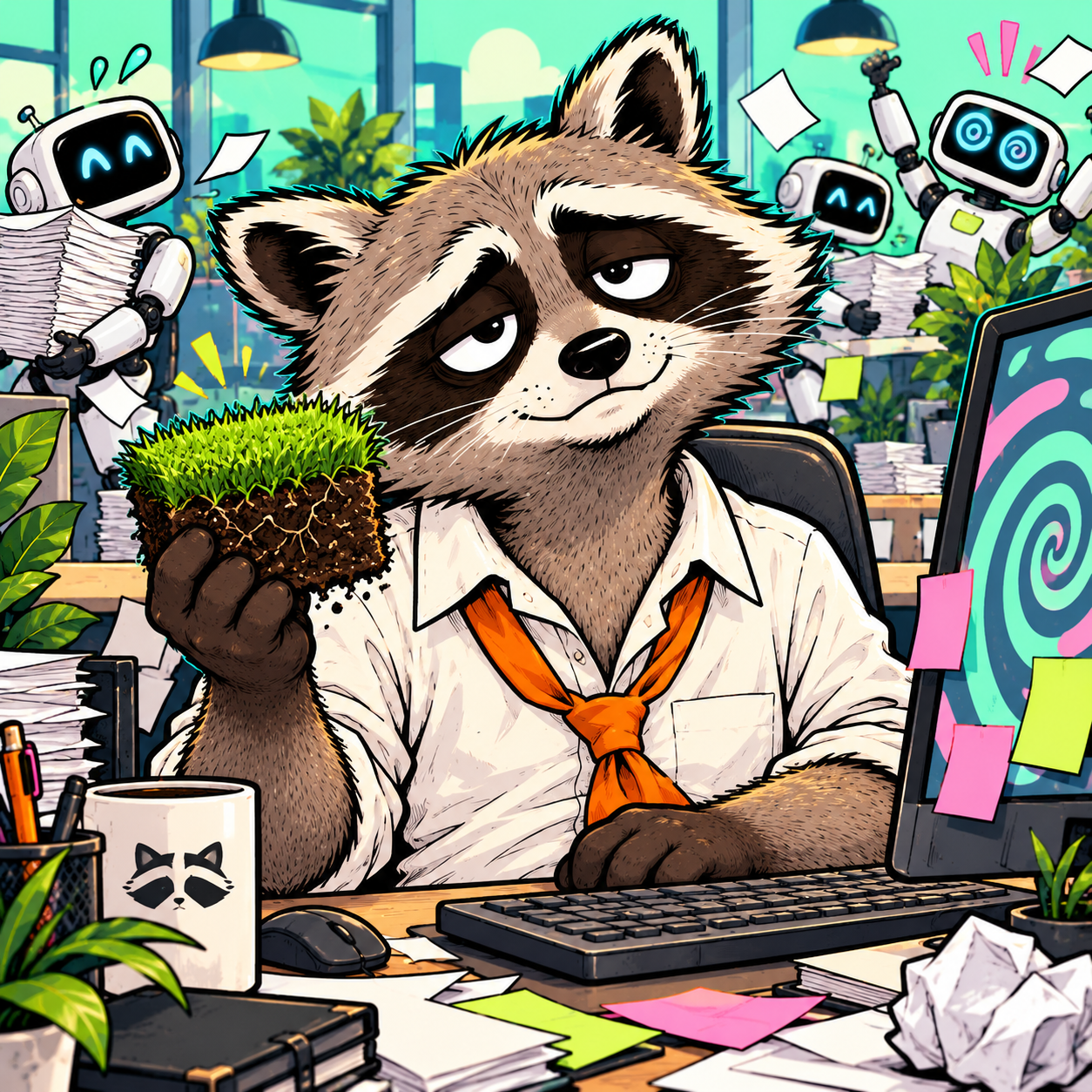 The raccoon bringing a square of grass to his desk