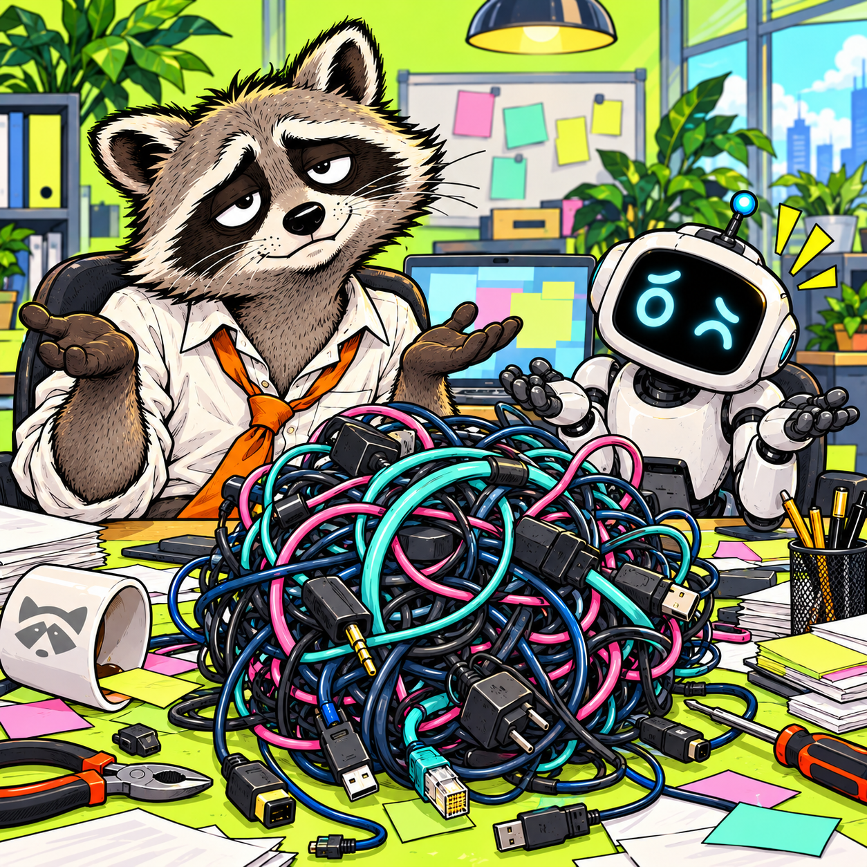 The raccoon and his robot replacement confused by a tangle of cables